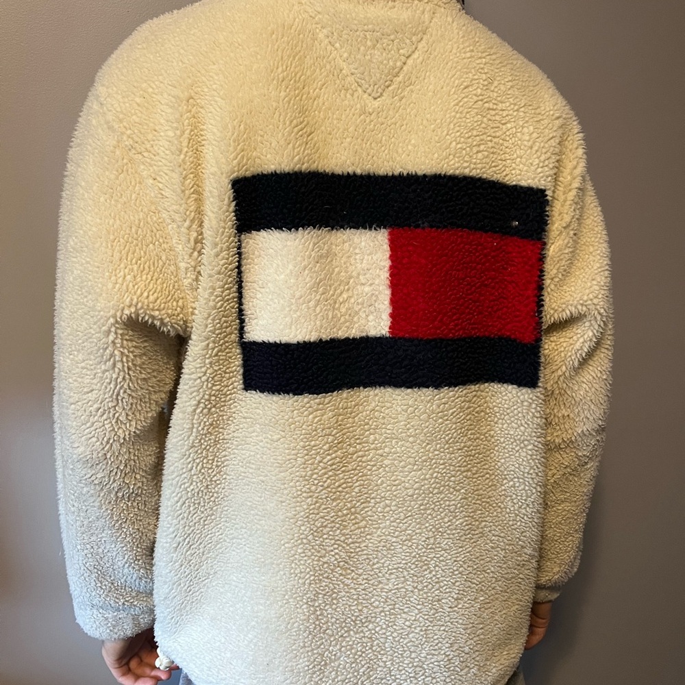 Vintage Tommy Hilfiger 90’s Men's Cream Sherpa Fleece Zip Up Sweater RARE Oversd